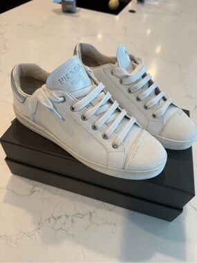 Woman’s Prada White Leather Low-Top Lace-Up Sneakers